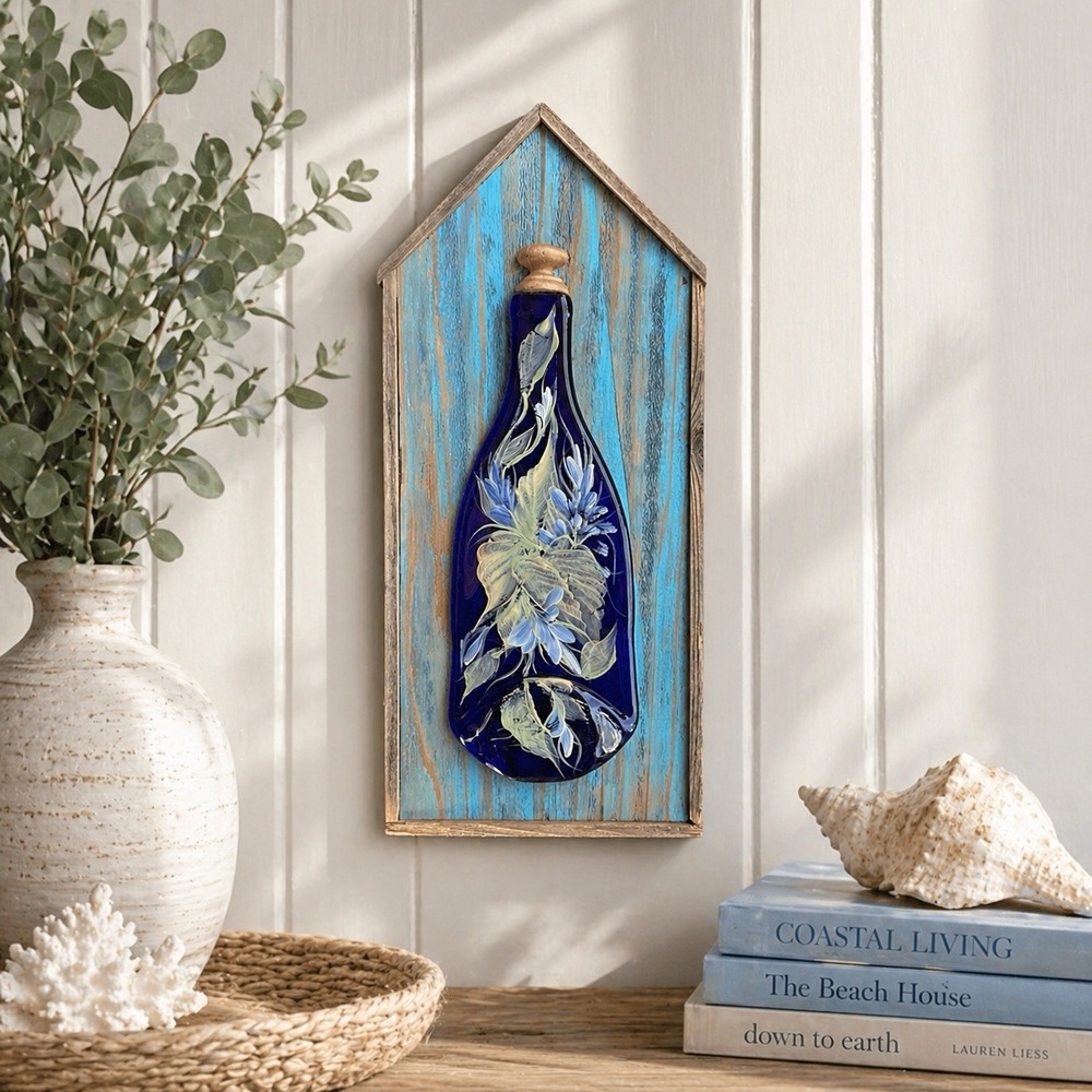 Melted Wine Bottle Wall Art Cobalt Blue Glass Floral Rustic Wood Frame Coastal